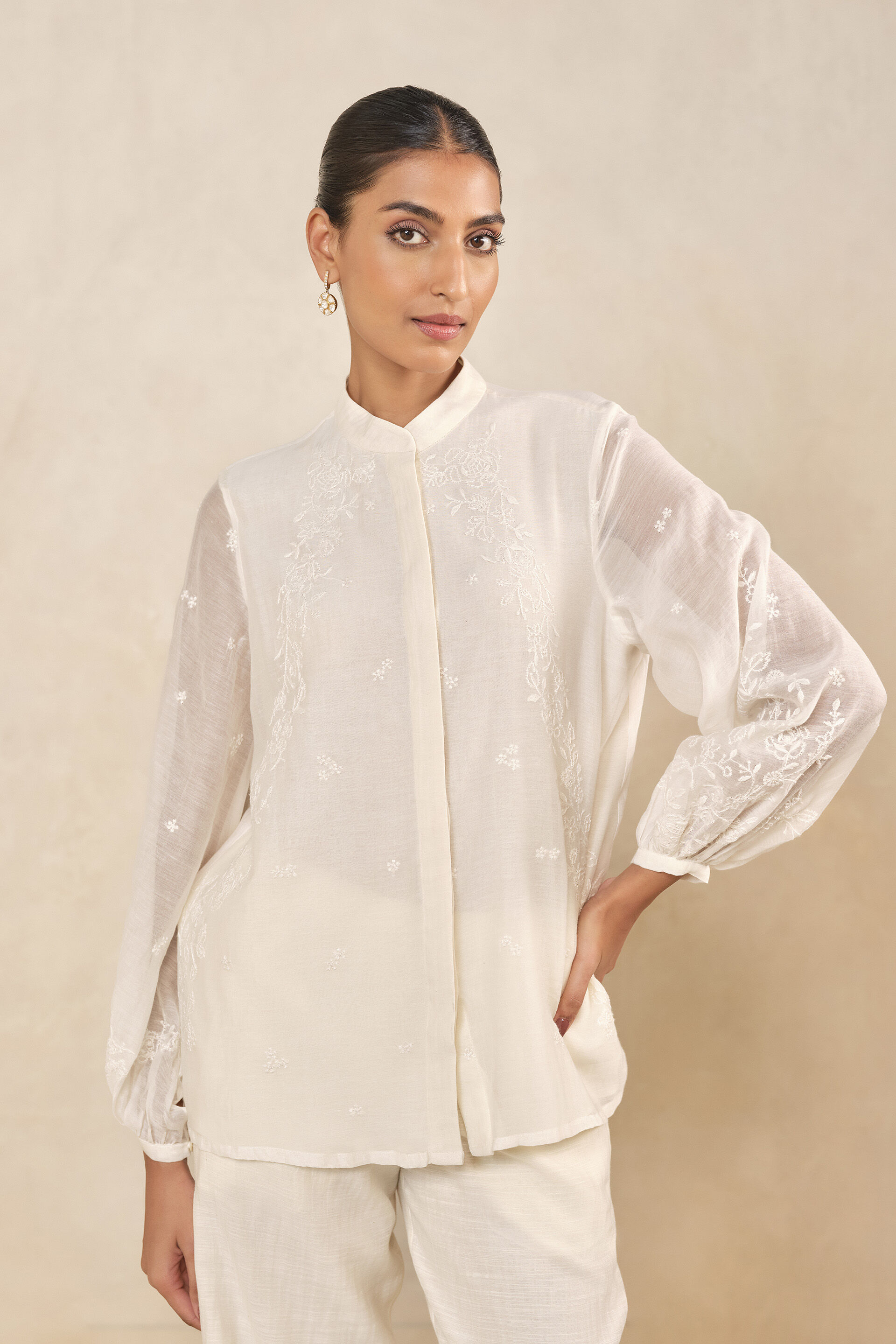Haiku Chikankari Hand-embroidered Mul Shirt - Ivory, Ivory, image 3